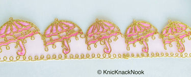 Blue / Orange / Pink Tissue Sheer Fabric Trim With Embroidered Pink & Gold Umbrella, Scallop Trim, Approx. 48mm Wide